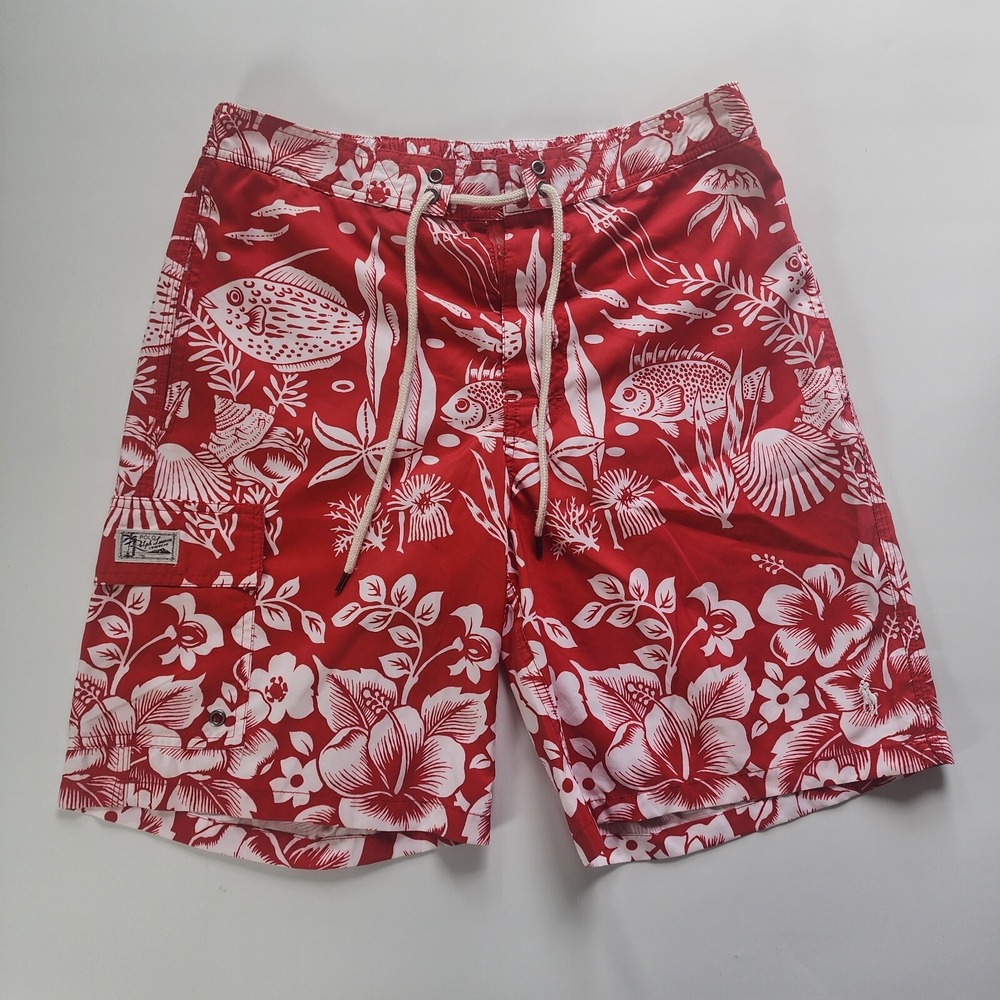 Polo Ralph Lauren Swim Trunks Men's Medium Red Floral Fish All Over Print Shorts